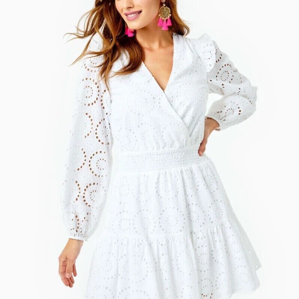 New Lilly Pulitzer Taviana Long Sleeve Eyelet cotton Dress White Size 4 - Picture 2 of 10